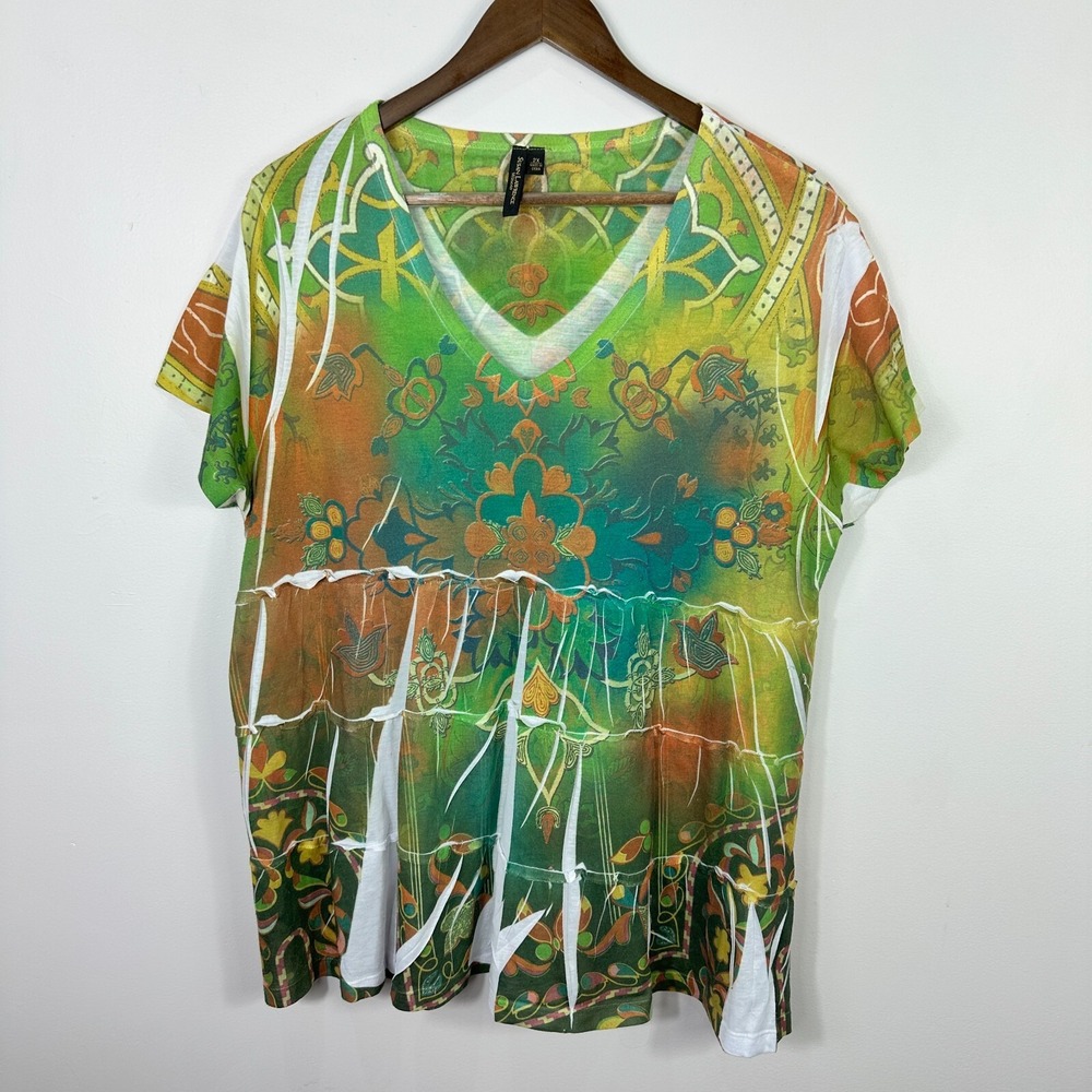 Susan Lawrence Tunic Top Womens Plus 2X‎ Green Geometric Short Sleeve Fairy Boho